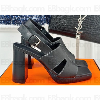Hermes Heel 9.5cm Platform 2cm Eris 90 sandals with with "H" cut-out in calfskin Black 2024