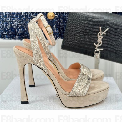 Dior Heel 12cm Platform 3cm Or Dway Heeled Sandals in Creamy Cotton Embroidered with Thread and Silver-Tone Strass 2024