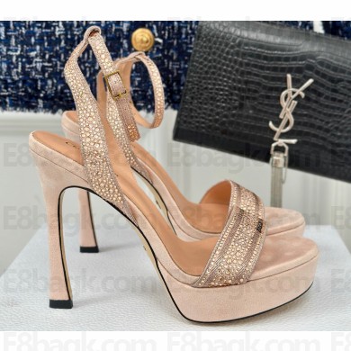 Dior Heel 12cm Platform 3cm Or Dway Heeled Sandals in Light Pink Cotton Embroidered with Thread and Silver-Tone Strass 2024