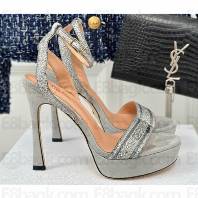 Dior Heel 12cm Platform 3cm Or Dway Heeled Sandals in Gray Cotton Embroidered with Thread and Silver-Tone Strass 2024