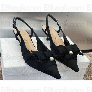 Dior Heel 3cm Adiorable Slingback Pumps in Black Fringed Grosgrain with Bow and Pearl 2024