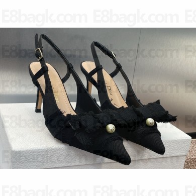 Dior Heel 7cm Adiorable Slingback Pumps in Black Fringed Grosgrain with Bow and Pearl 2024