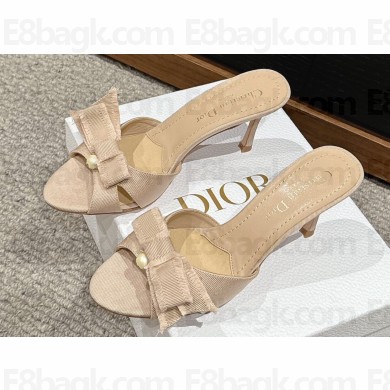 Dior Heel 8cm Adiorable Heeled Slides in Nude Fringed Grosgrain with Bow and Pearl 2024