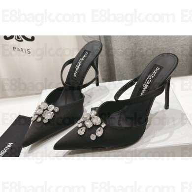Dolce & Gabbana Heel 10cm Satin mules Black with gemstone embroidery 2024