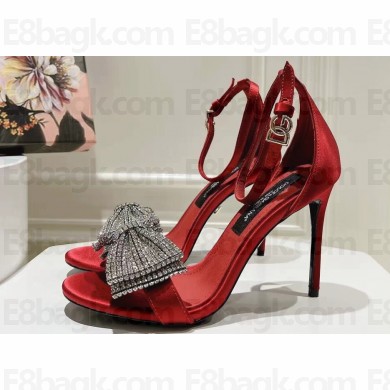 Dolce & Gabbana Heel 10cm Satin Sandals Red with rhinestones Bow and DG logo 2024