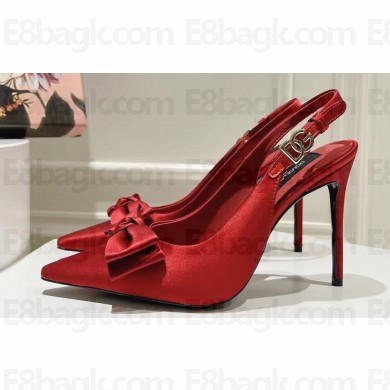 Dolce & Gabbana Heel 10cm Slingbacks Satin Red with Bow and DG logo 2024