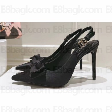 Dolce & Gabbana Heel 10cm Slingbacks Satin Black with Bow and DG logo 2024