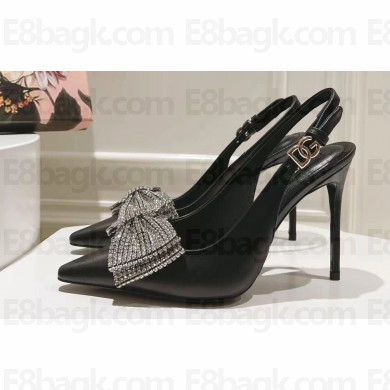 Dolce & Gabbana Heel 10cm Slingbacks Leather Black with rhinestones Bow and DG logo 2024