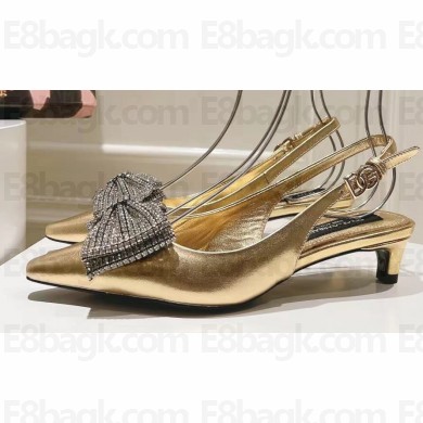 Dolce & Gabbana Heel 4.5cm Slingbacks Leather Gold with rhinestones Bow and DG logo 2024