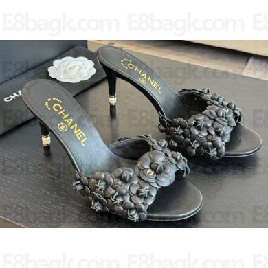 Chanel Pearl Heel 8cm Camellia Mules Black 2024
