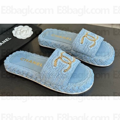 Chanel Braided Raffia CC Logo Mules Blue 2024