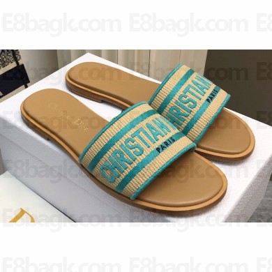 Dior Dioriviera Dway Slides in Natural Raffia and Aquamarina Green Embroidered Cotton 2024