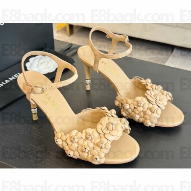 Chanel Pearl Heel 8cm Camellia Sandals Beige 2024