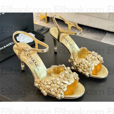 Chanel Pearl Heel 8cm Camellia Sandals Gold 2024