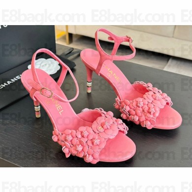 Chanel Pearl Heel 8cm Camellia Sandals Pink 2024