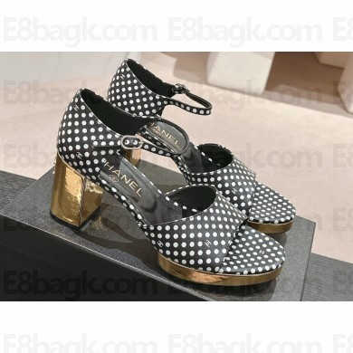Chanel Gold Heel Calfskin Sandals Dotted Black 2024
