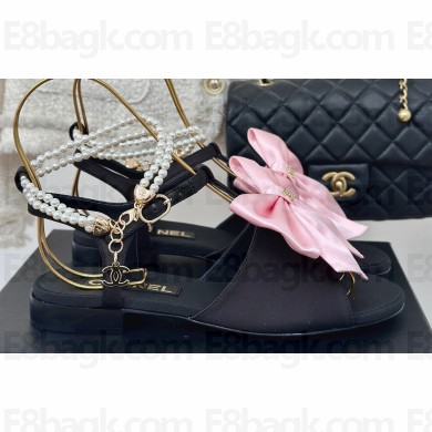 Chanel Heel 1.5cm Imitation Pearls T-Strap Sandals G45813 Satin Black/Pink 2024