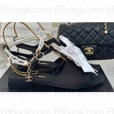Chanel Heel 1.5cm Imitation Pearls T-Strap Sandals G45813 Satin Black/White 2024