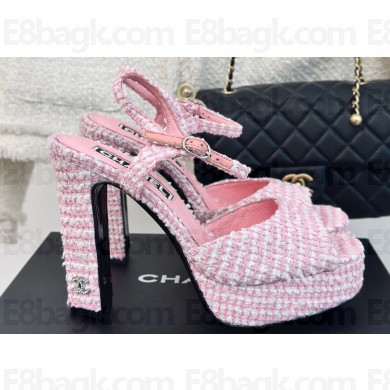 Chanel Heel 12cm Platform 4cm Sandals Tweed Pink 2024