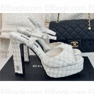 Chanel Heel 12cm Platform 4cm Sandals Tweed White 2024