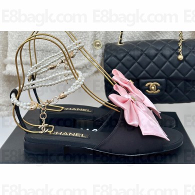 Chanel Heel 1.5cm Imitation Pearls Sandals G45813 Satin Black/Pink 2024