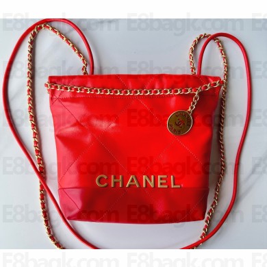 Chanel Shiny Calfskin Patchwork & Gold-Tone Metal CHANEL 22 Mini Handbag AS3980 Dark Orange & Red