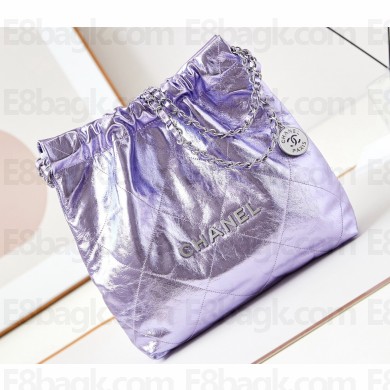 Chanel Crinkled Calfskin & Silver-Tone CHANEL 22 Small Handbag AS3260 Metallic Purple 2024