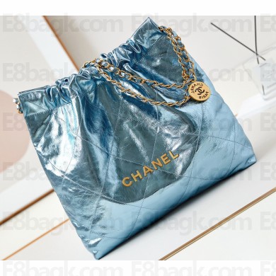 Chanel Crinkled Calfskin & Gold-Tone CHANEL 22 Medium Handbag AS3261 Metallic Blue 2024