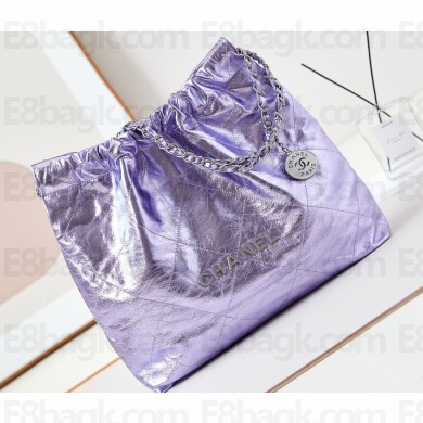 Chanel Crinkled Calfskin & Silver-Tone CHANEL 22 Medium Handbag AS3261 Metallic Purple 2024