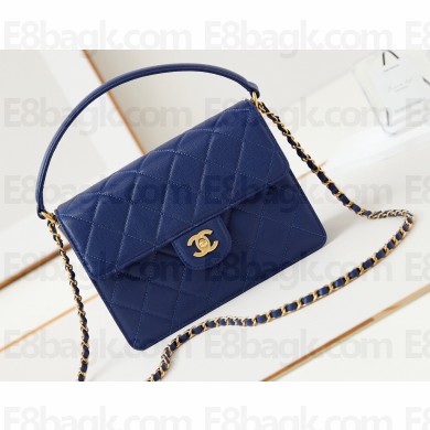 Chanel Grained Calfskin & Gold-Tone Metal Small Flap Bag with Top Handle Blue 2024