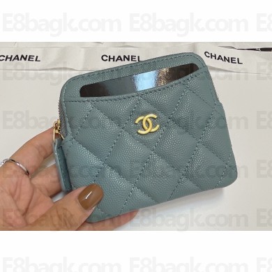 Chanel Grained Calfskin & Gold-Tone Metal Zip Coin Purse AP2061 Light Blue 2024