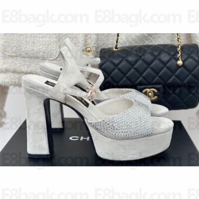 Chanel Heel 12cm Platform 4cm Sandals Suede White/Crystals 2024