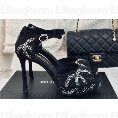 Chanel Heel 10.5cm Platform 2cm Sandals Black/Crystals CC Logo 2024