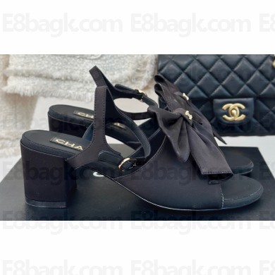 Chanel Heel 6cm Bow Sandals G45812 Satin Black 2024