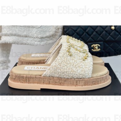 Chanel Gold Pearl CC Logo Mules Tweed Beige 2024