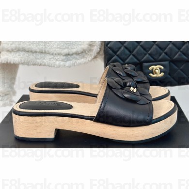 Chanel Heel 4cm Camellia and CC Logo Mules Leather Black 2024