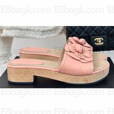 Chanel Heel 4cm Camellia and CC Logo Mules Leather Pink 2024