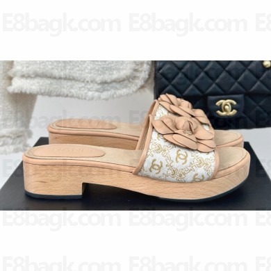 Chanel Heel 4cm Camellia and CC Logo Mules Print Beige 2024