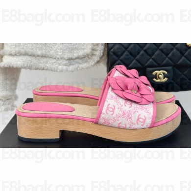 Chanel Heel 4cm Camellia and CC Logo Mules Print Pink 2024
