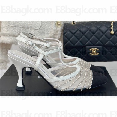 Chanel Heel 8.5cm Crystal Mesh Slingbacks Leather White 2024