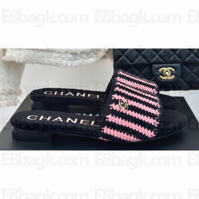 Chanel CC Logo Braided Striped Mules Knit Black/Pink 2024