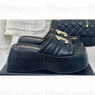 Chanel Heel 7cm Gold CC Logo Platform Mules Leather Black 2024