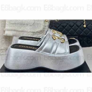 Chanel Heel 7cm Gold CC Logo Platform Mules Leather Silver 2024