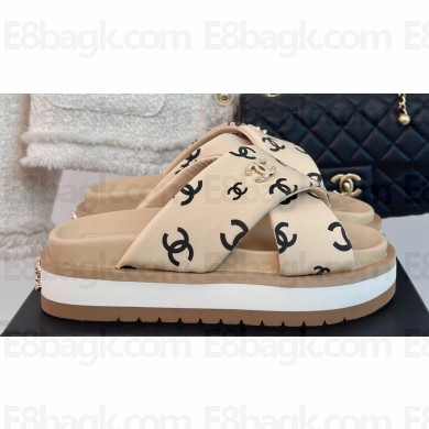 Chanel Heel 3cm CC Logo Print Crisscross Mules Leather Beige 2024