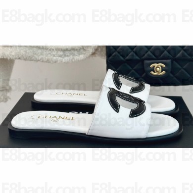 Chanel Black CC Logo Mules Leather White 2024