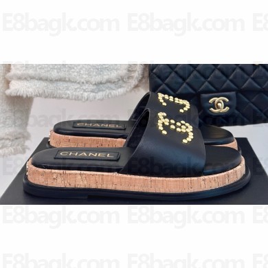 Chanel Gold Pearl CC Logo Mules Leather Black 2024