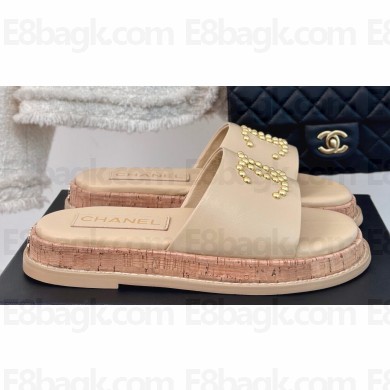 Chanel Gold Pearl CC Logo Mules Leather Beige 2024