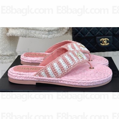 Chanel CC Logo Braided Striped Thong Sandals Knit White/Pink 2024