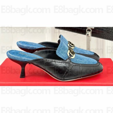 Ferragamo Heel 6cm New Vara buckle mules printed calfskin Black/Denim Blue 2024