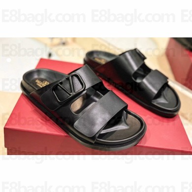 Valentino Vlogo calfskin Women/Men slide sandals Black 2024